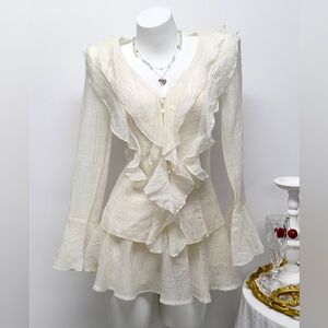 ♥️Hello Gorgeous! Ruffle V-Neck Long Sleeve Blouse and Skirt Set - Apricot